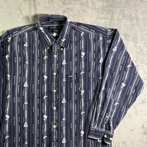 VTG Siegfried Nautical Print Button Down Shirt Sailboat Fish Stripe M